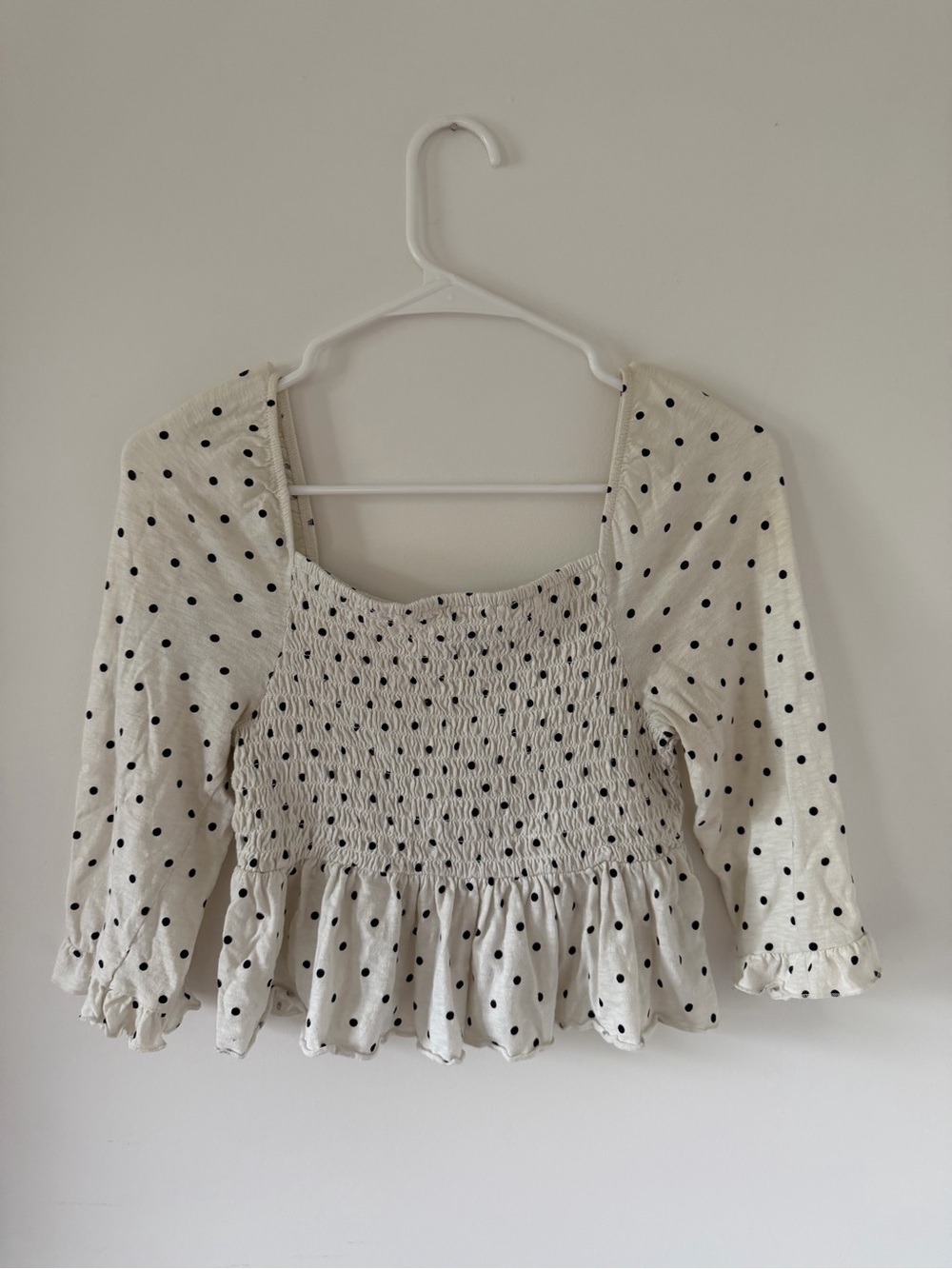 American Eagle Polka Dot Smocked Peplum Top - Cream with Black Dots